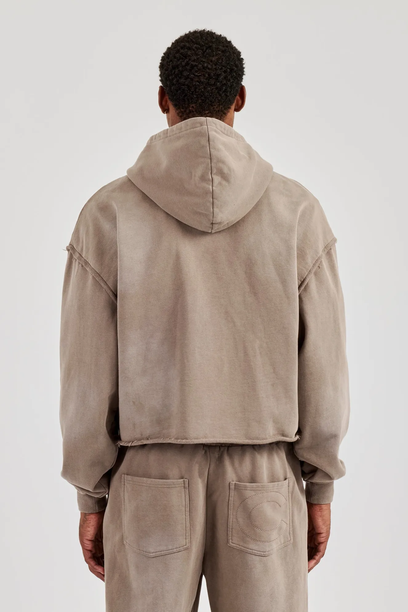 Washed Applique Zip Through Hoodie - Brown