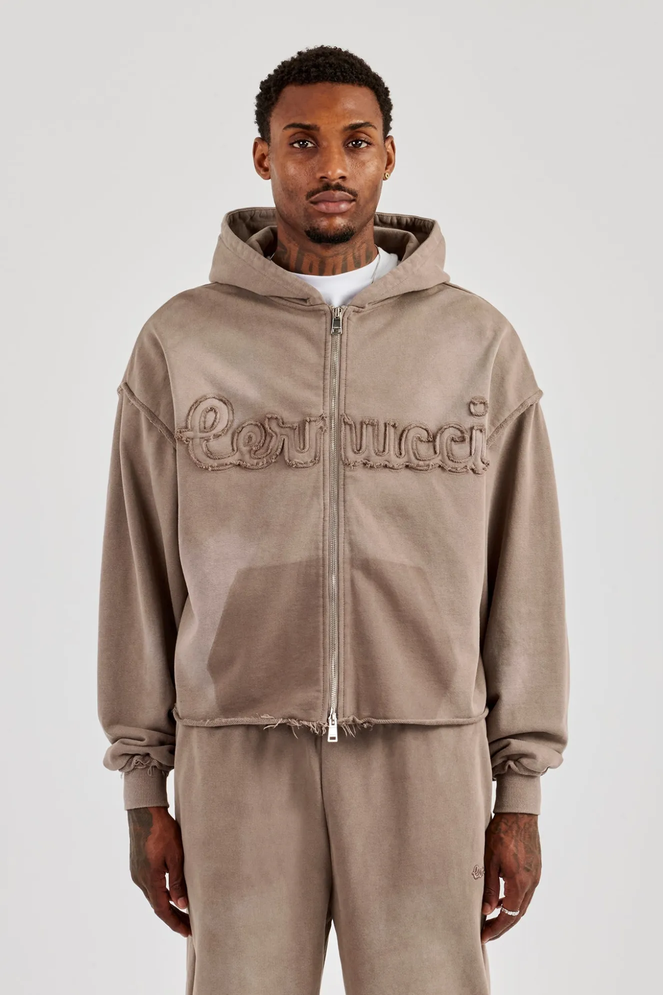 Washed Applique Zip Through Hoodie - Brown