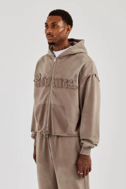 Washed Applique Zip Through Hoodie - Brown