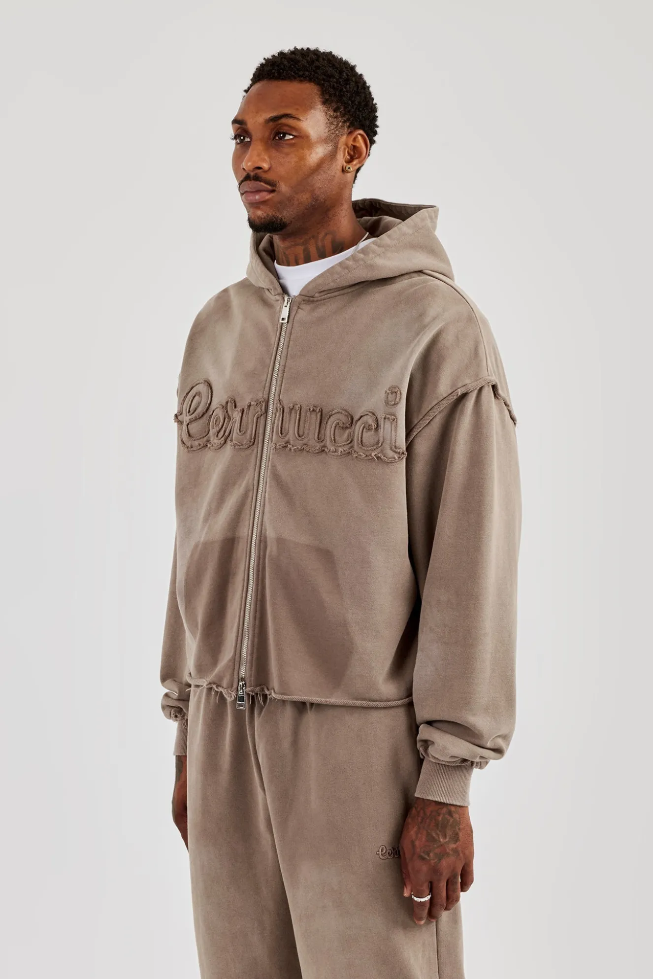 Washed Applique Zip Through Hoodie - Brown