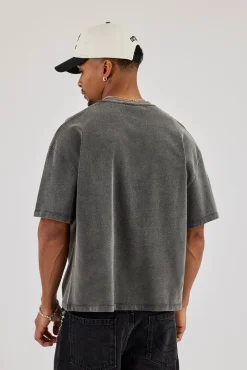 Washed Boxy Fit Moto Graphic T-Shirt - Charcoal