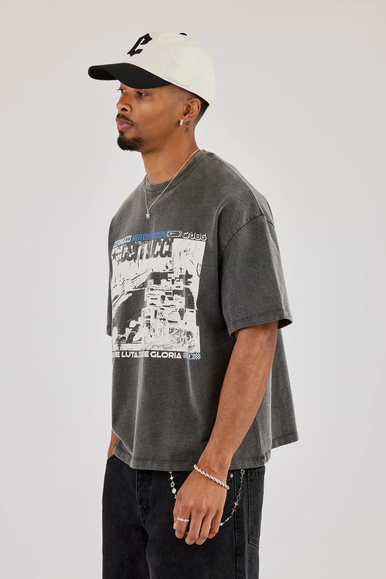 Washed Boxy Fit Moto Graphic T-Shirt - Charcoal