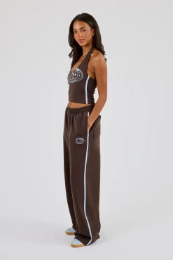 Washed Distressed Logo Halterneck Top & Wide Leg Jogger With Print - Dark Brown