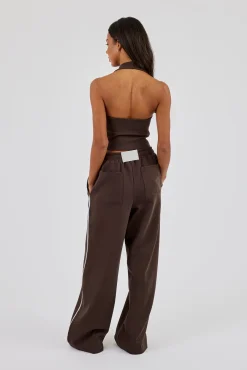 Washed Distressed Logo Halterneck Top & Wide Leg Jogger With Print - Dark Brown