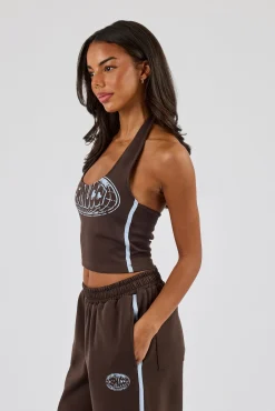 Washed Distressed Logo Halterneck Top - Dark Brown