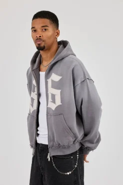 Washed Distressed Stud Detail Zip Hoodie - Washed Grey