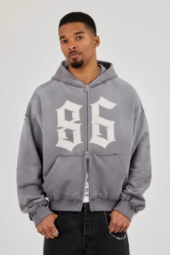 Washed Distressed Stud Detail Zip Hoodie - Washed Grey