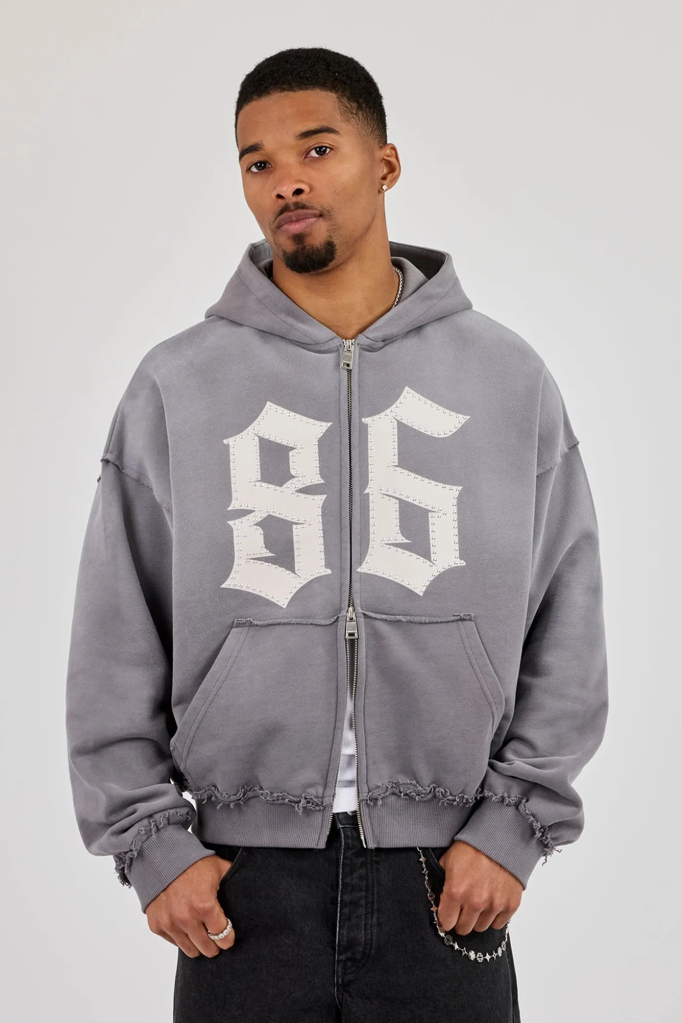 Washed Distressed Stud Detail Zip Hoodie - Washed Grey