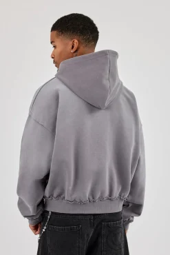 Washed Distressed Stud Detail Zip Hoodie - Washed Grey