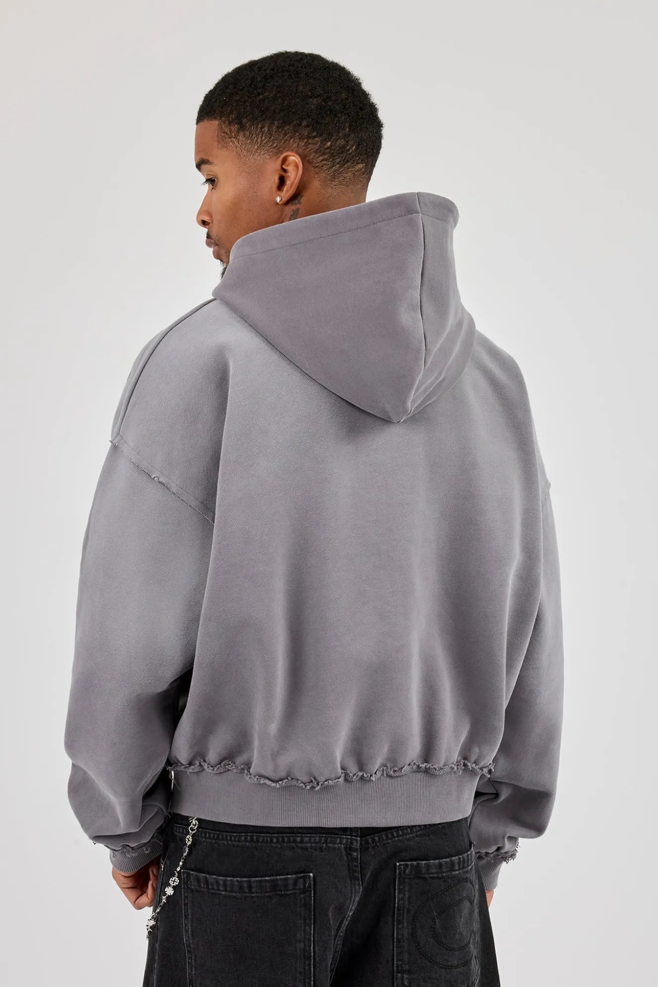 Washed Distressed Stud Detail Zip Hoodie - Washed Grey