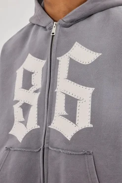 Washed Distressed Stud Detail Zip Hoodie - Washed Grey