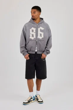 Washed Distressed Stud Detail Zip Hoodie - Washed Grey