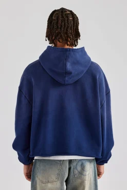 Washed Embroidered Boxy Hoodie - Navy Blue