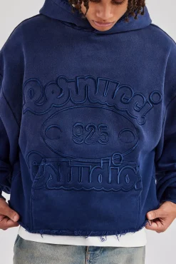 Washed Embroidered Boxy Hoodie - Navy Blue