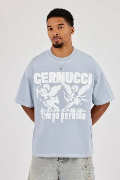 Washed Oversized Cherub Print T-Shirt - Blue