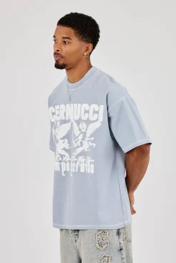 Washed Oversized Cherub Print T-Shirt - Blue