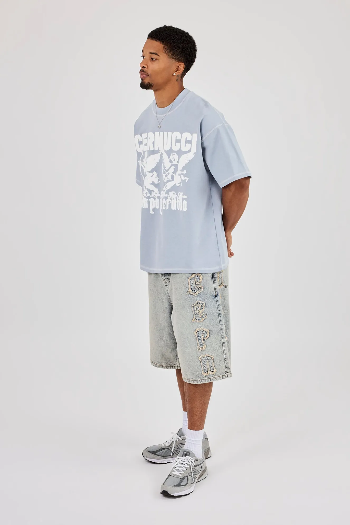 Washed Oversized Cherub Print T-Shirt - Blue