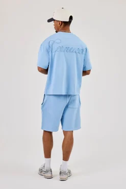 Washed Rope Embroidered Relaxed Jersey Short - Light Blue