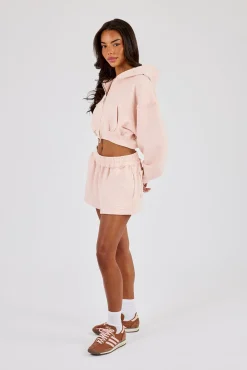 Washed Super Cropped Distressed Hoodie & Jersey Short - Dusty Pink