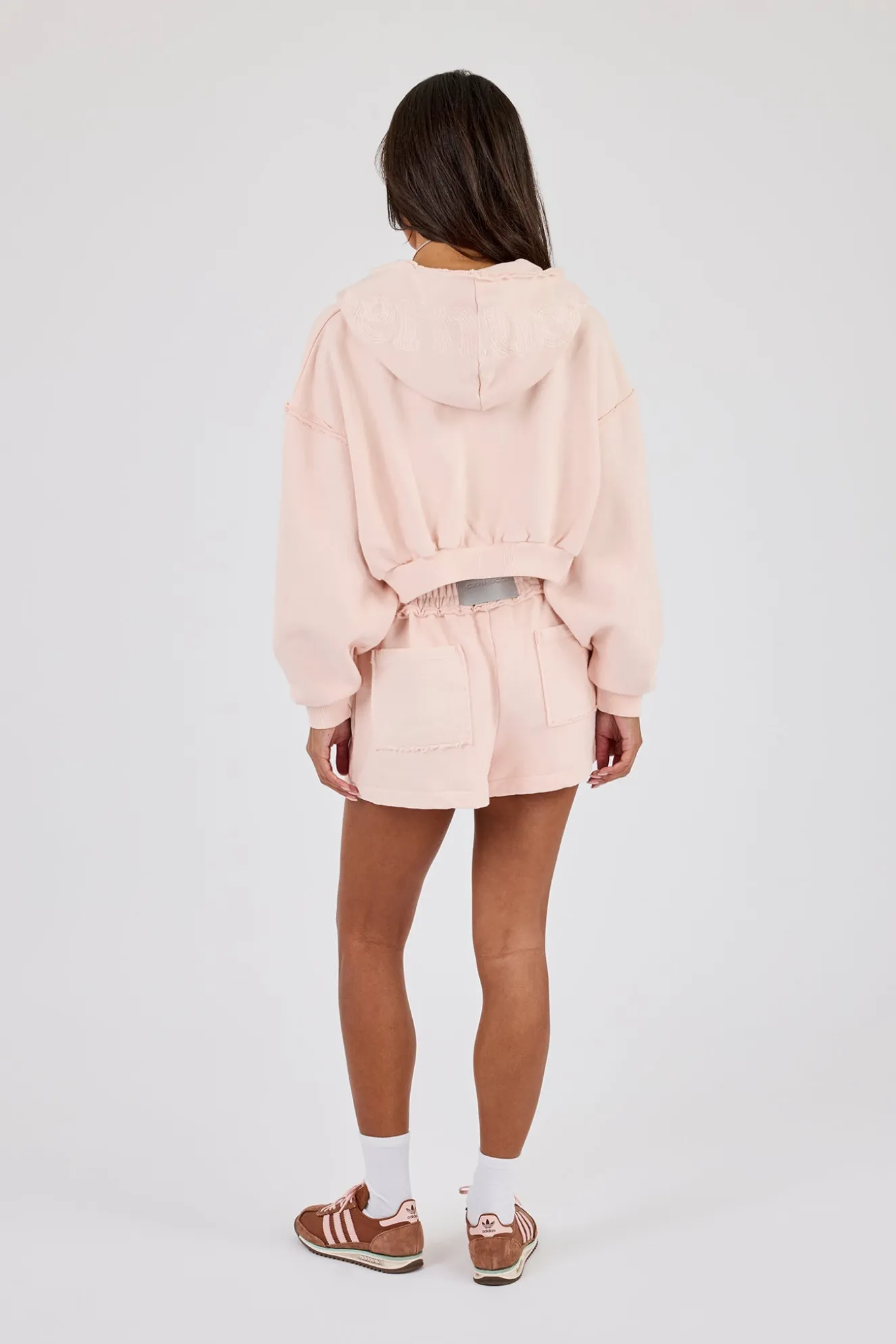 Washed Super Cropped Distressed Hoodie & Jersey Short - Dusty Pink