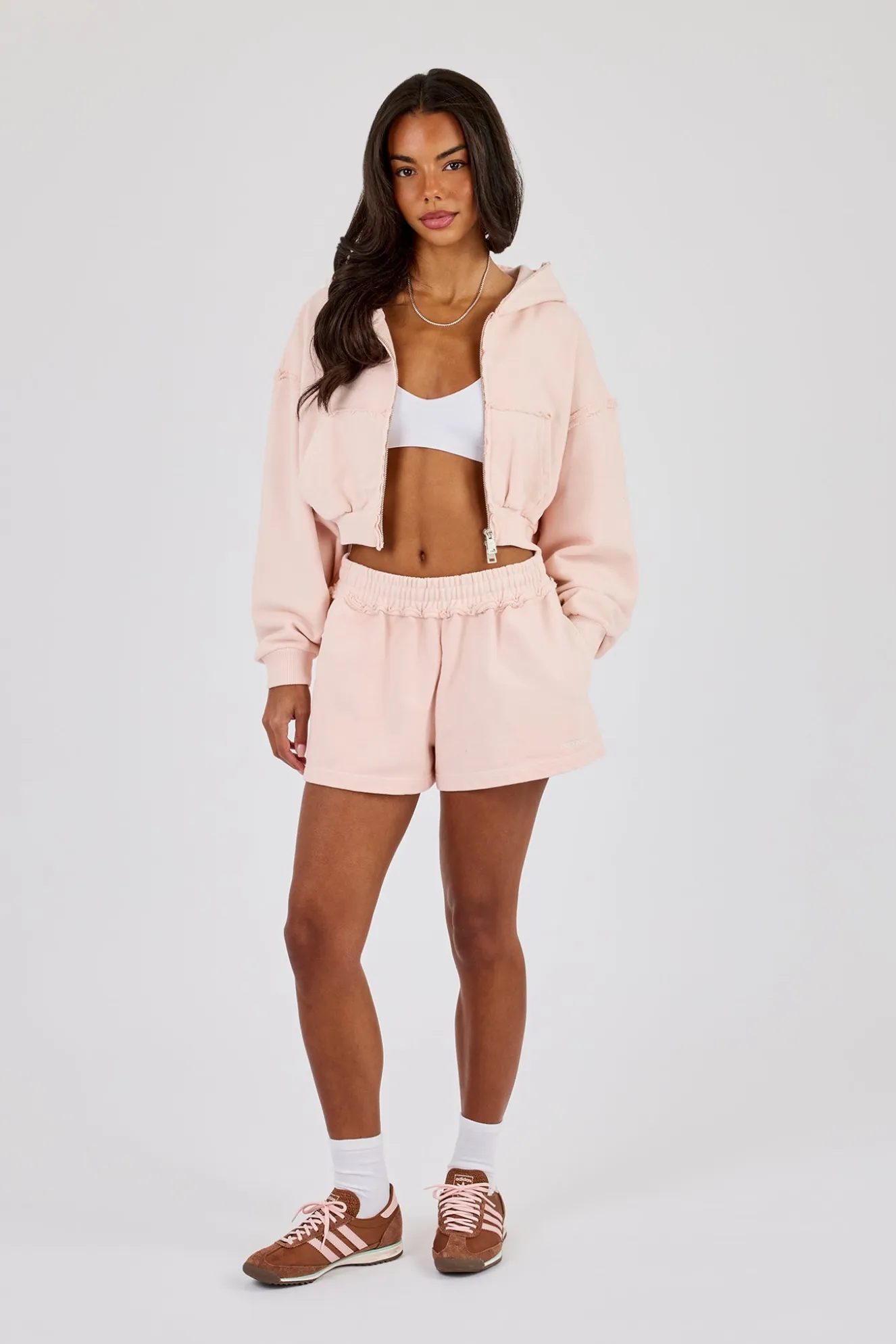 Washed Super Cropped Distressed Hoodie & Jersey Short - Dusty Pink
