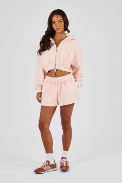 Washed Super Cropped Distressed Hoodie & Jersey Short - Dusty Pink