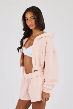 Washed Super Cropped Distressed Hoodie - Dusty Pink