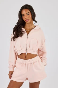Washed Super Cropped Distressed Hoodie - Dusty Pink