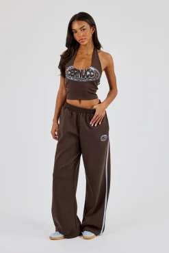 Washed Wide Leg Jogger With Print - Dark Brown