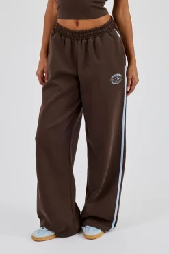 Washed Wide Leg Jogger With Print - Dark Brown