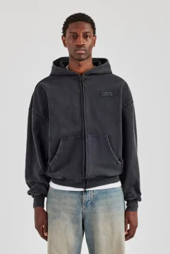 Washed Zip Through Hoodie - Black