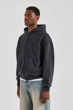 Washed Zip Through Hoodie - Black