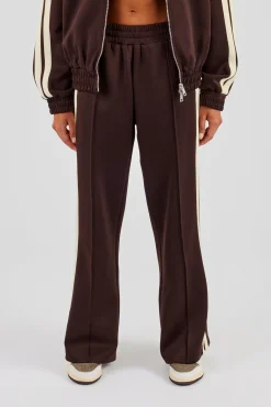 Wide Leg Track Pant With Butter Yellow Taping - Chocolate