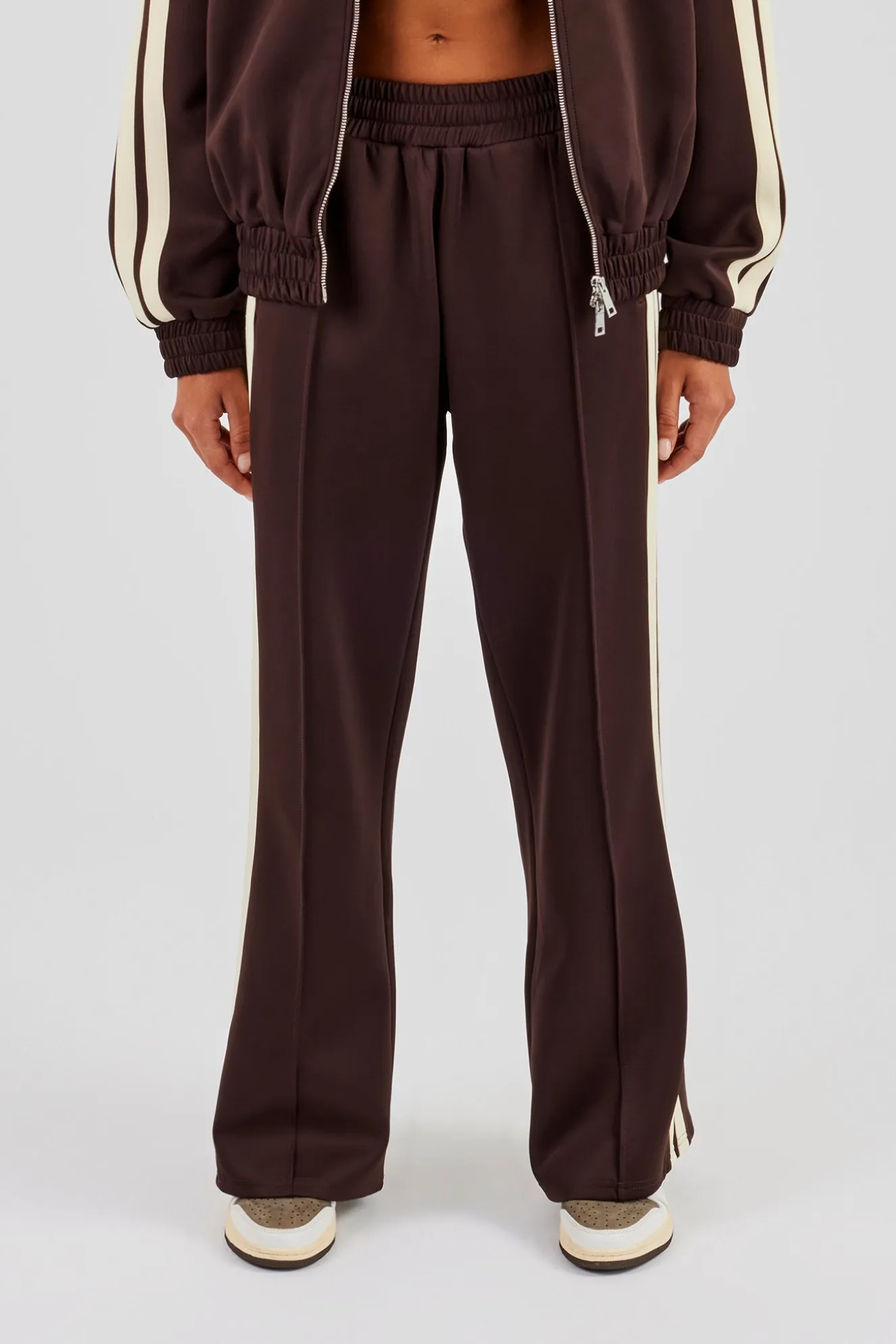 Wide Leg Track Pant With Butter Yellow Taping - Chocolate