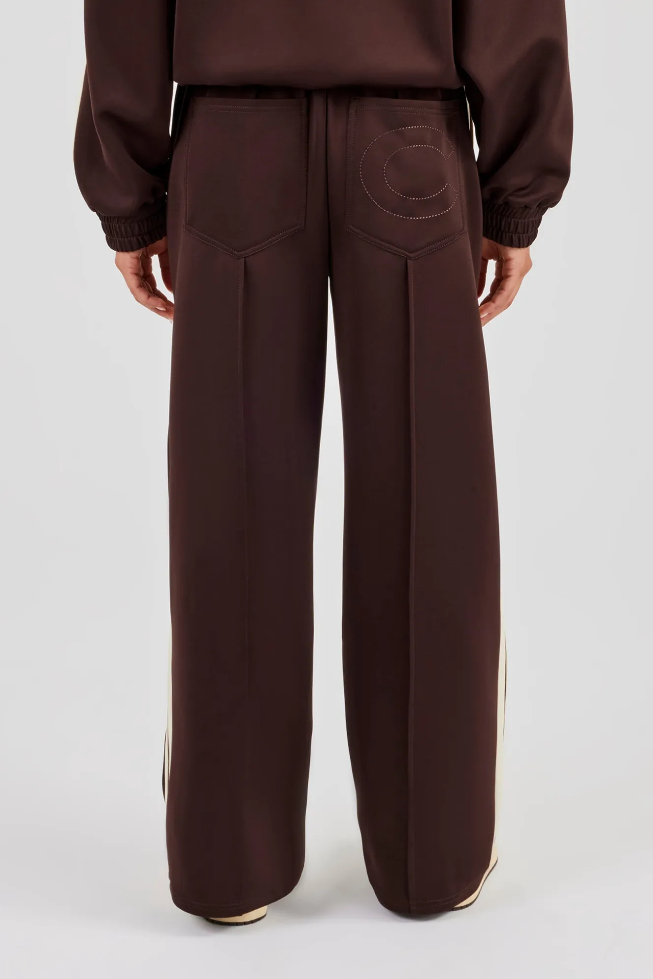 Wide Leg Track Pant With Butter Yellow Taping - Chocolate