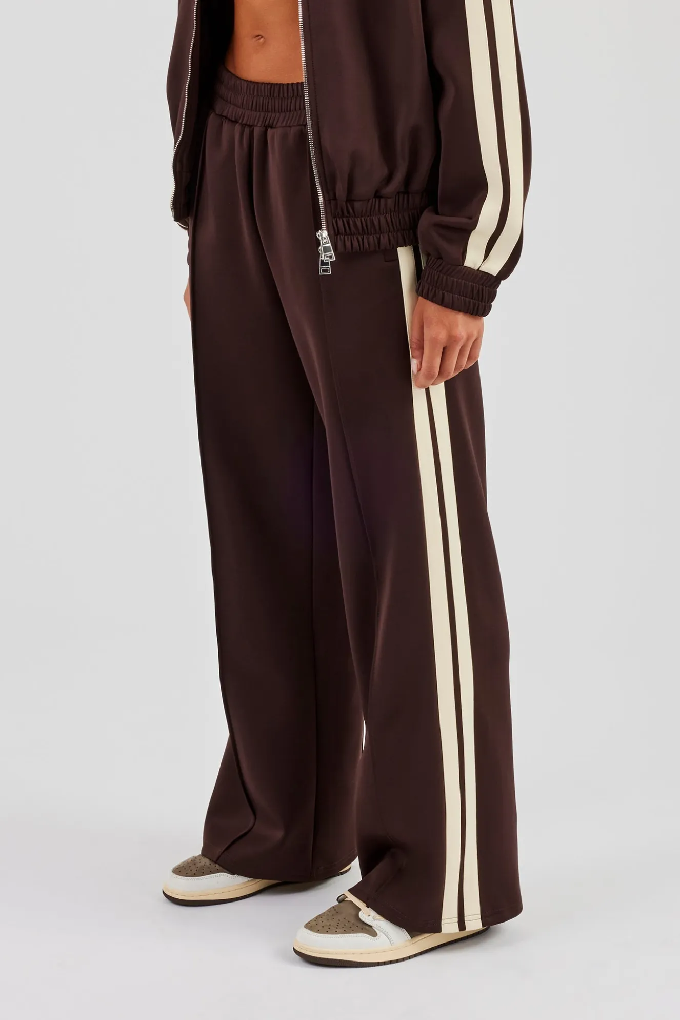 Wide Leg Track Pant With Butter Yellow Taping - Chocolate