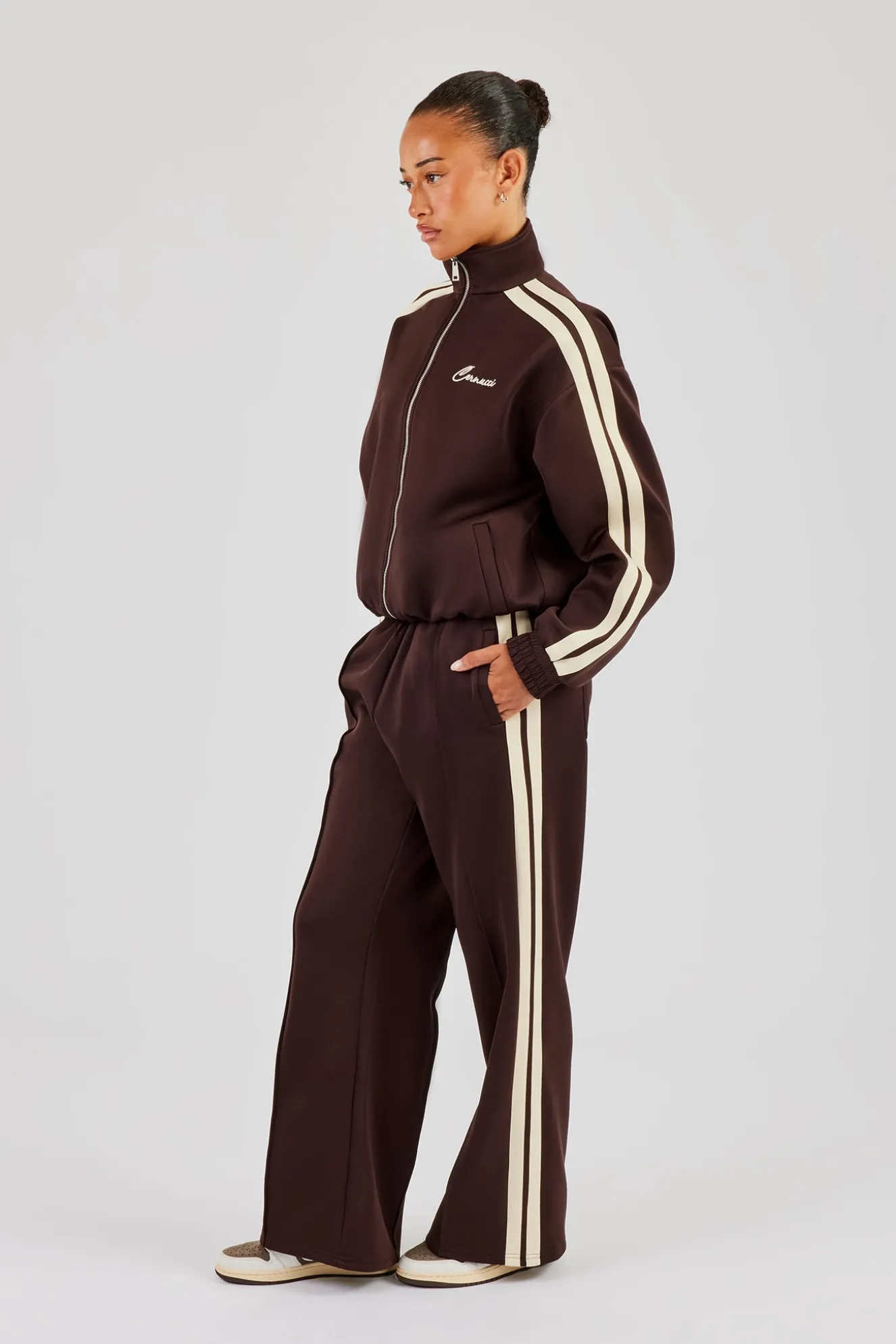 Wide Leg Track Pant With Butter Yellow Taping - Chocolate