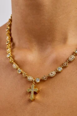 Womens Iced Drop Cross & Motif Multi Gemstone Chain - 6mm - Gold