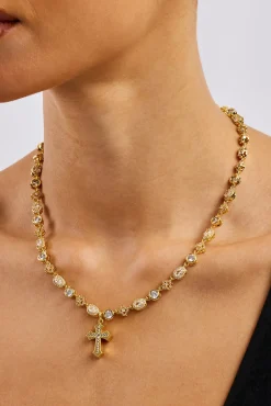 Womens Iced Drop Cross & Motif Multi Gemstone Chain - 6mm - Gold