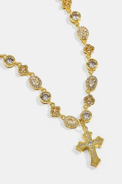 Womens Iced Drop Cross & Motif Multi Gemstone Chain - 6mm - Gold