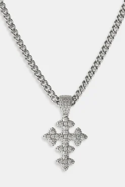 Womens Iced Motif Cross Necklace - 20mm - White