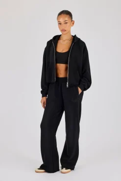Womens Washed Boxy Fit Zip Through Hoodie & Wide Leg Jogger - Black