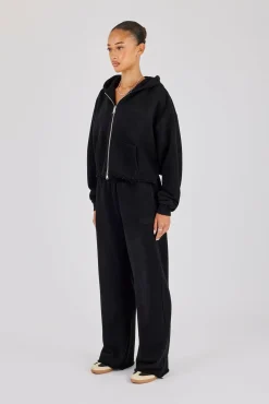 Womens Washed Boxy Fit Zip Through Hoodie & Wide Leg Jogger - Black