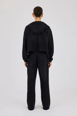 Womens Washed Boxy Fit Zip Through Hoodie & Wide Leg Jogger - Black