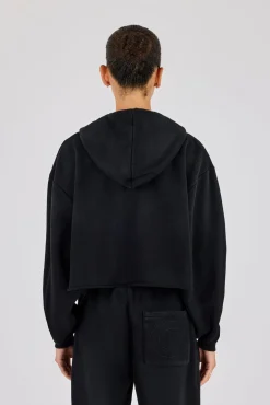 Womens Washed Boxy Fit Zip Through Hoodie - Black