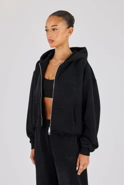 Womens Washed Boxy Fit Zip Through Hoodie - Black