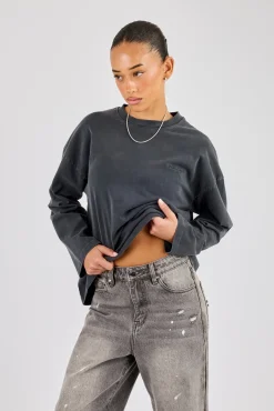 Womens Washed Long Sleeve T-Shirt - Charcoal