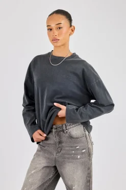 Womens Washed Long Sleeve T-Shirt - Charcoal