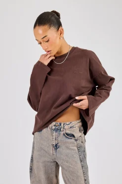 Womens Washed Long Sleeve T-Shirt - Chocolate