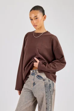 Womens Washed Long Sleeve T-Shirt - Chocolate